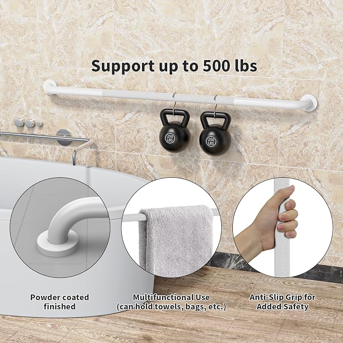 48 Inch Anti Slip Handicap Grab Bars, Munzong Bathroom Grab Bar for Wall, White Knurled Handicap Balance Bar,Safety Hand Rail Support Elderly Senior Assist Bath Handle