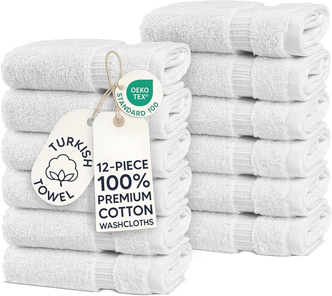 Chakir Turkish Linens | Hotel & Spa Quality 100% Cotton Premium Turkish Towels | Soft & Absorbent (12-Piece Washcloths, White) | 100% cotton washcloths, 12-pack 13x13, OEKO-TEX certified, soft absorbent face towels