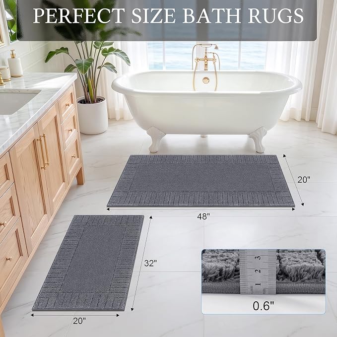 Pauwer Bathroom Rugs Sets 2 Piece, Non Slip Plush Bath Mats, Dark Grey | Machine Washable Shower Rugs, Absorbent Quick Dry Floor Mat for Bath Floor Tub and Shower