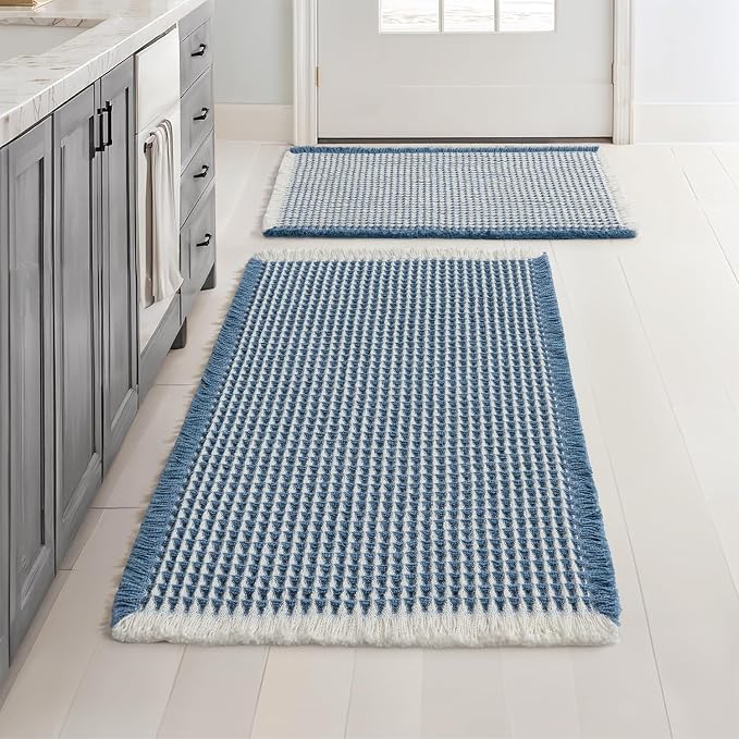 MIULEE Set of 2 Waffle Bathroom Rugs Blue&Cream Bath Mat 17"x24"+18"x30" | Non Slip, Super Absorbent, Washable, Ultra Soft, Rubber Backed, Small Boho Bath Rugs for Bathroom Floor Tub Shower
