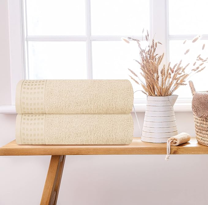 GLAMBURG 100% Cotton 2 Pack Oversized Bath Towel Set 28x55 Inches, Ultra Soft Highly Absorbant Compact Quickdry & Lightweight Large Bath Towels, Ideal for Gym Travel Camp Pool - Ivory