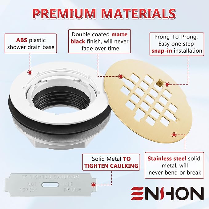 Enhon 4.25" OD Shower Drain Assembly, Snap in Shower Base Drain and Round Grid Strainer Cover, Fits 2 in. Schedule 40 ABS and PVC Pipes, Stainless Steel Cap, ABS Base(Golden,1 Pack)