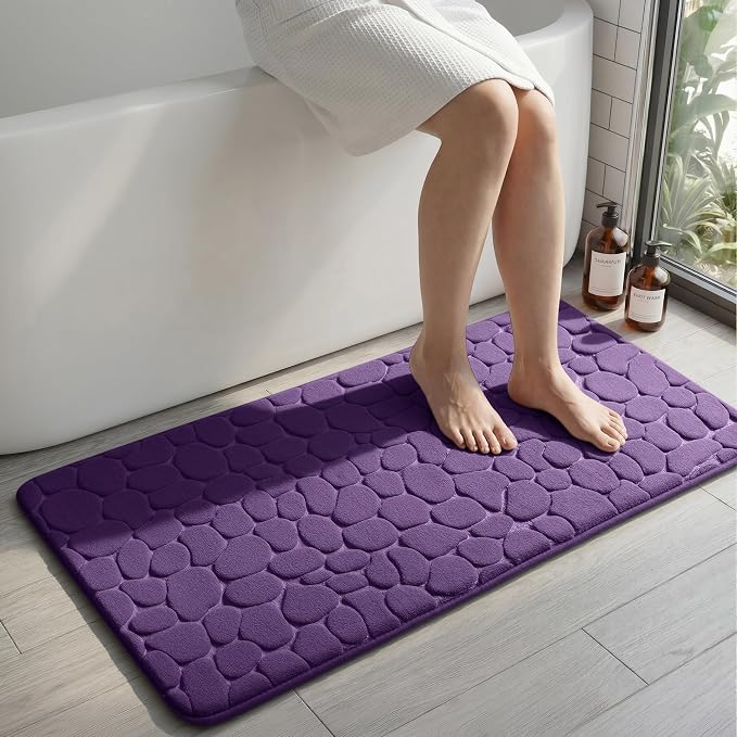 YIHOUSE Memory Foam Runner Rug, Cobblestone Bathroom Runner Rugs Super Water Absorbent Bath Mats for Bathroom Machine Washable Bath Rugs for Hallway Bedroom Laundry Room(24 x 47,Eggplant)