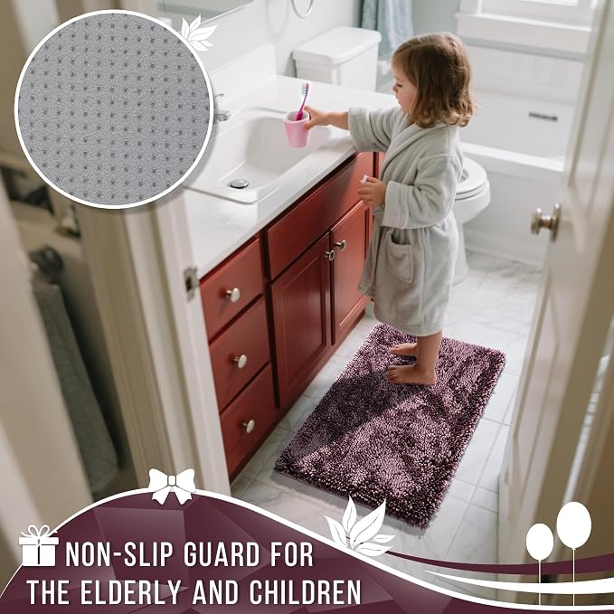 Yimobra Bathroom Rug Set 2 Piece, Luxury Shaggy Bath Mat Set with Non Slip Backing, Ultra Soft & Absorbent Mats for Bathroom Floor, Machine Washable, 31.5"x20"+24"x17", Dark Purple