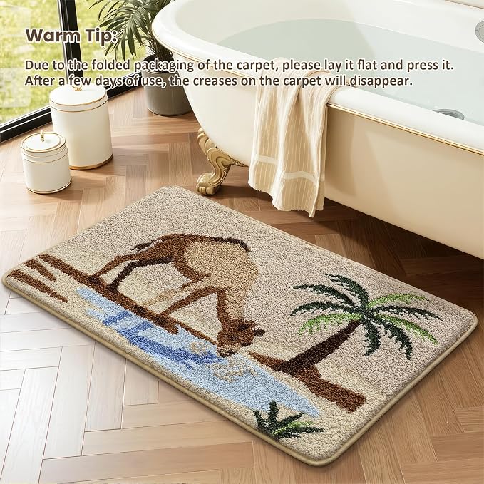 Bathroom Rug Mat, Desert Oasis Sunset Fluffy Rug with Camel & Palm Tree, Ultra Absorbent Microfiber Shaggy Door Mat, Quick Dry Bath Rug Carpet for Toilet Bathtub Bedroom 20x31 Inch