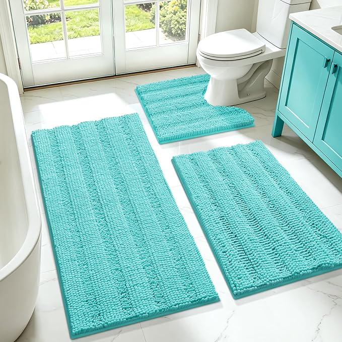 ACCUMTEK Striped Teal Green Bathroom Rug Set 3 Pieces Ultra Soft, Non Slip Chenille Toilet Mat, Absorbent Plush Shaggy Bath Mats for Bathroom, Bedroom, Kitchen, Turquoise