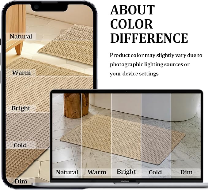 JIUZHEN Waffle Bath Mat Super Absorbent Non Slip Bath Mats for Bathroom Floor Waffle Knit Bathroom Mat with Tassels Machine Washable Bathroom Rugs for Beside Tub, 16" x 24", Strip-Brown