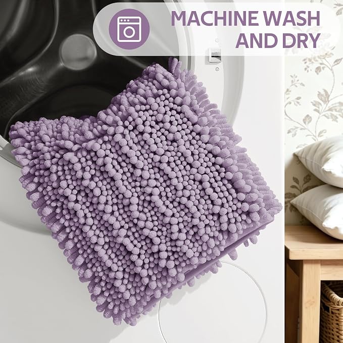 ACCUMTEK Upgrade Extra Large Lavender Bathroom Rug Set 3 Pieces Ultra Soft, Thick Absorbent Bath Mats, Non Slip Chenille Toilet Mat for Bathroom, Bedroom, Kitchen