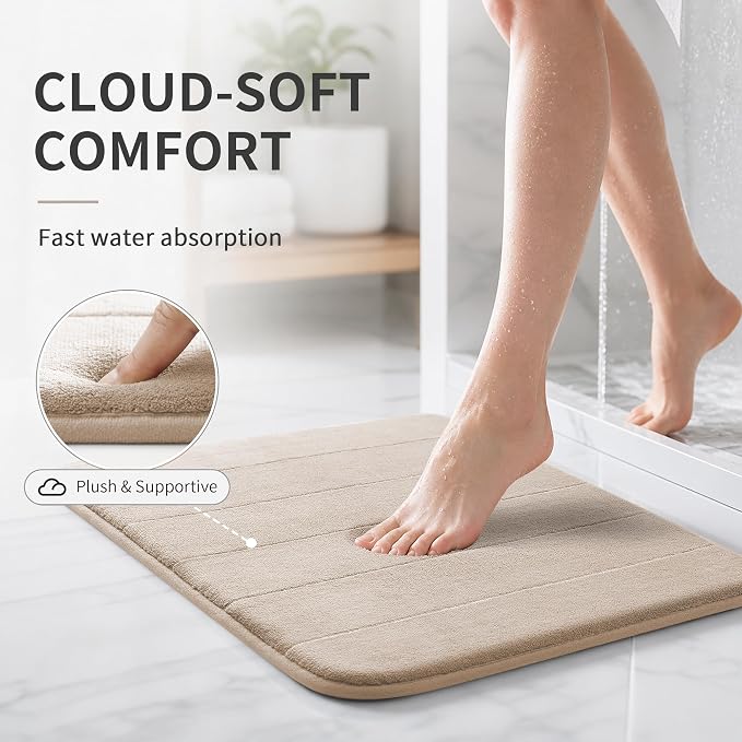 Yimobra Memory Foam Bath Mat, Soft Absorbent Bathroom Rug, 24x17, Beige | Non Slip Backing, Quick Dry, Machine Washable Bath Rug for Tub & Shower Areas, Durable Design That Complements Bathroom Decor