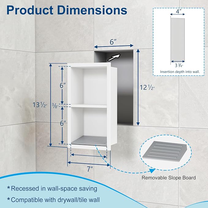 Neodrain Shower Foot Rest for Shaving Legs, 304 Stainless Steel Shower Niche, Recessed Shower Step for Shaving Legs,Niche for Shower Wall, Bathroom Foot Rest (White, 12.3"x 6")