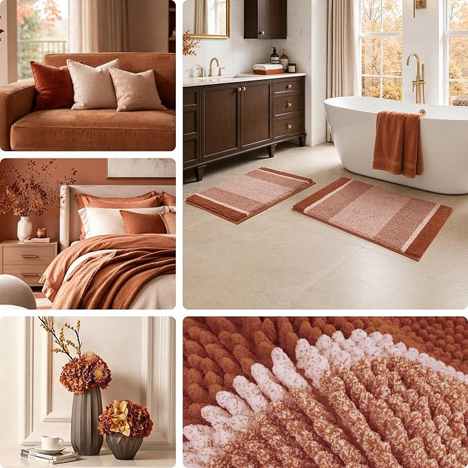 HOMEIDEAS Burnt Orange Bathroom Rugs Set, Chenille, 20"x32"+17"x24" | Non Slip Absorbent Bath Mats, Fluffy Striped Chenille Soft Shaggy Bath Rugs for Bathroom Floor and Tub, Machine Washable