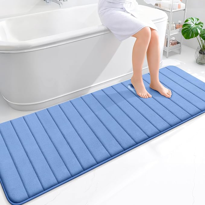 OLANLY Memory Foam Long Bathroom Rugs Runner 70x24, Super Soft Absorbent | Cornflower Blue, Quick Dry Bath Mat, Machine Washable Shower Floor Rugs, Bathmat Carpet for Bathroom Floor, Tub and Shower
