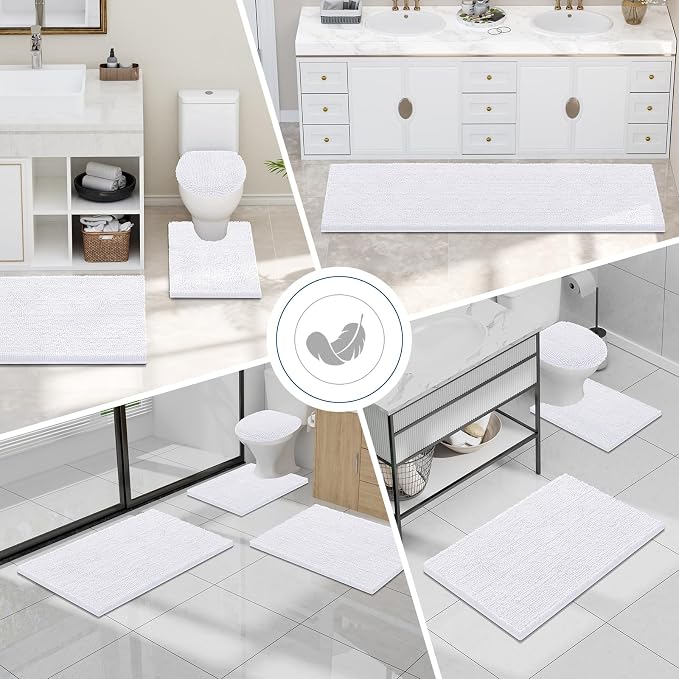 Smiry Chenille Bathroom Rugs Sets 2 Piece (34x21+24x16, White) | Soft Absorbent Machine Washable Non Slip Shaggy Bath Rug Set for Tub, Shower, and Floor, Home Decor