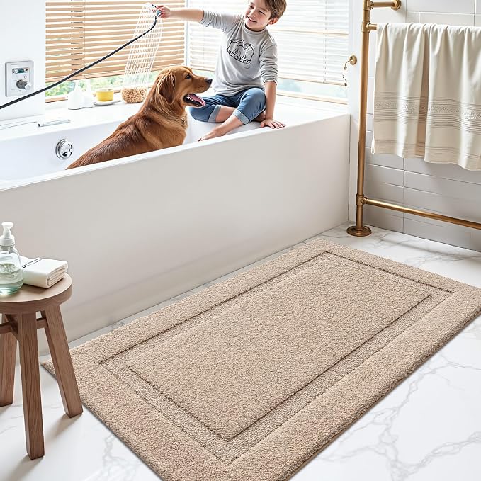 LUMI Large Bathroom Rugs Soft Absorbent, Non Slip Bath Mat 24x43, Beige | Machine Washable with Rubber Backing, Quick Dry, Premium Microfiber Plush Carpet for Bathtub and Shower Floor
