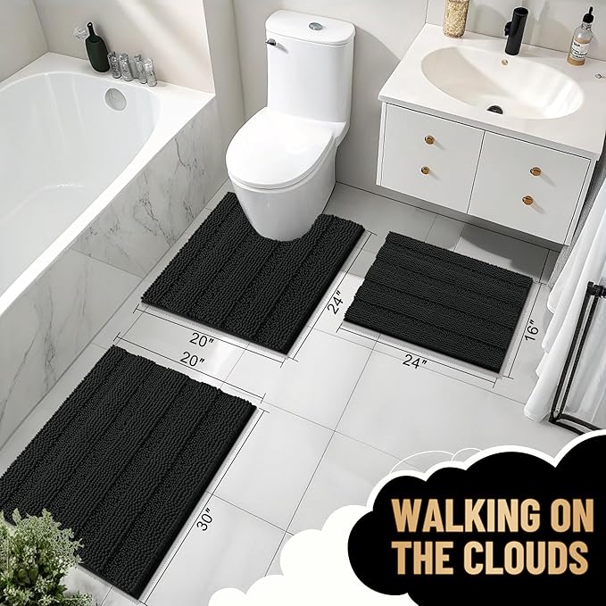 OLANLY Thick Chenille Bathroom Rugs Sets 3 Piece, 30"x20"+24"x16"+24"x20" | Black, Absorbent Bath Mats and U-Shaped Contour Toilet Rug, Home Decor Accessories, Bath Mat Set for Bathroom