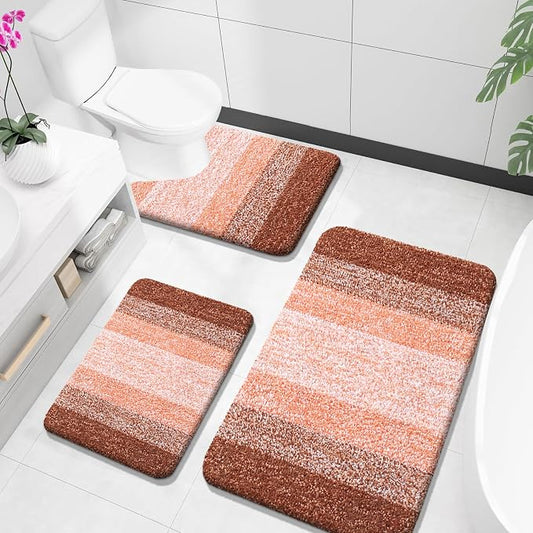 OLANLY Microfiber Bathroom Rugs Sets 3 Piece, 36"x24"+24"x16"+24"x20" | Orange, Soft Absorbent Bath Mats and U-Shaped Contour Toilet Rug, Plush Shaggy Bath Mat Set for Bathroom