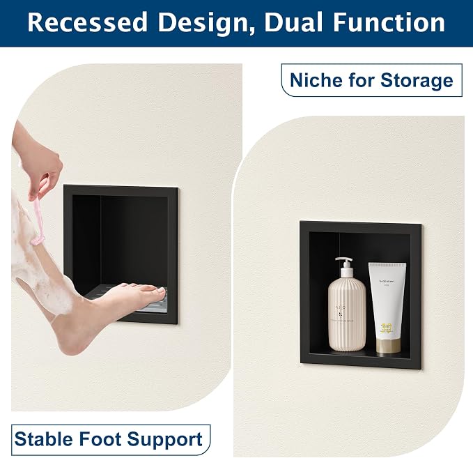 Neodrain Shower Foot Rest for Shaving Legs, 304 Stainless Steel Niche for Shower Wall, Recessed Shower Step for Shaving Legs, Wall soap Holder, Bathroom Foot Rest (Matte Black, 6.7" x 6")