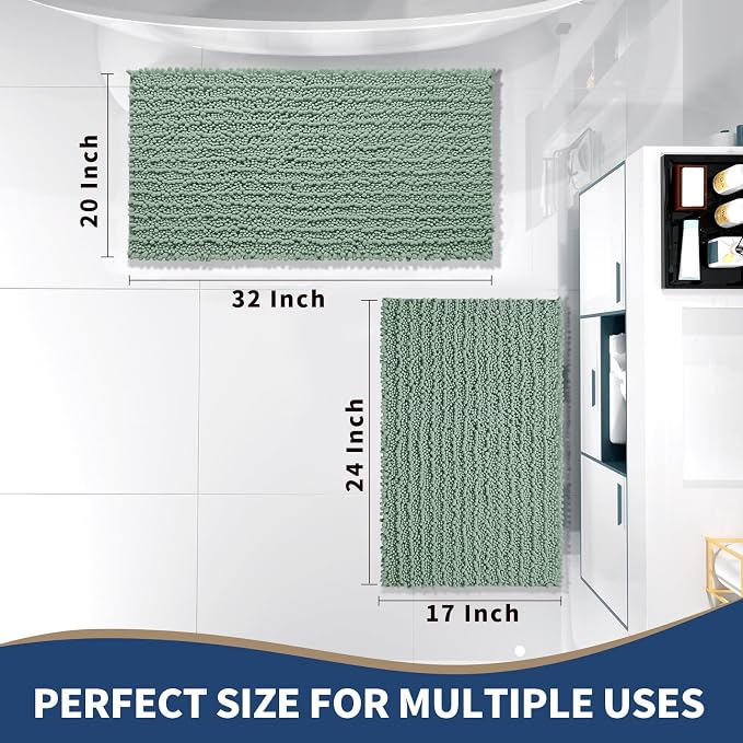 Yimobra Bathroom Rugs Sets 2 Piece - Quick Dry Extra Thick Luxury Chenille Bath Mat, Non Slip Super Absorbent for Tub Shower Sink, Machine Washable Shaggy Floor Mat, 32"x20"+24"x17" Inch, Green