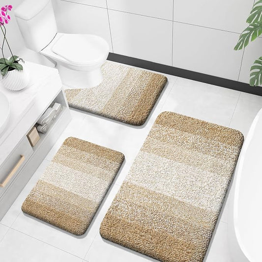 OLANLY Microfiber Bathroom Rugs Sets 3 Piece, 36"x24"+24"x16"+24"x20" | Tan, Soft Absorbent Bath Mats and U-Shaped Contour Toilet Rug, Plush Shaggy Bath Mat Set for Bathroom