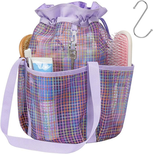F-color Mesh Shower Caddy Portable with Drawstring - Tall 5 Pockets Dorm Room Essentials for Guys Girls with S Hook, Shower Bag Basket Tote for College Camping Travel Toiletry Bathroom, Purple Grid