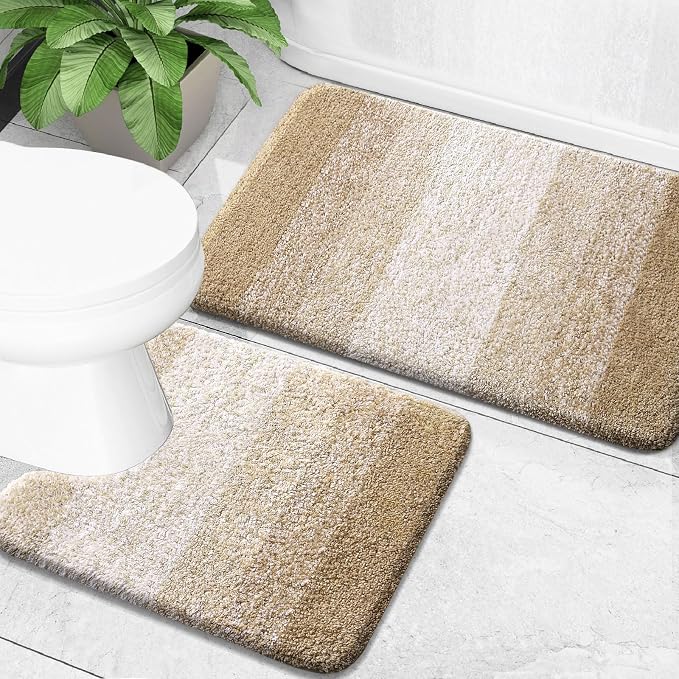 OLANLY Micorfiber Bathroom Rug Set 2 Piece, 24"x16"+U-Shaped 24"x20" | Tan, Soft Absorbent Bath Mats and Contour Toilet Rug, Non-Slip, Machine Wash Dry, Plush Shaggy Bath Mats for Bathroom