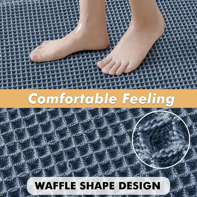 MIULEE Set of 2 Waffle Bathroom Rugs Boho Bath Mat Blue 20x32 Inch | Non Slip, Super Absorbent, Washable, Ultra Soft, Rubber Backed Bath Rugs for Bathroom Floor Tub Shower