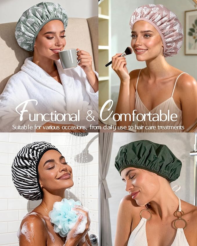 Yanibest Frizz Free Satin Lined Shower Cap with Soft Elastic Band | Frizz Free & Large Durable Bath Cap with Soft Elastic Band, Luxury Hair Protection Caps, Nylon Shower Hair Cap