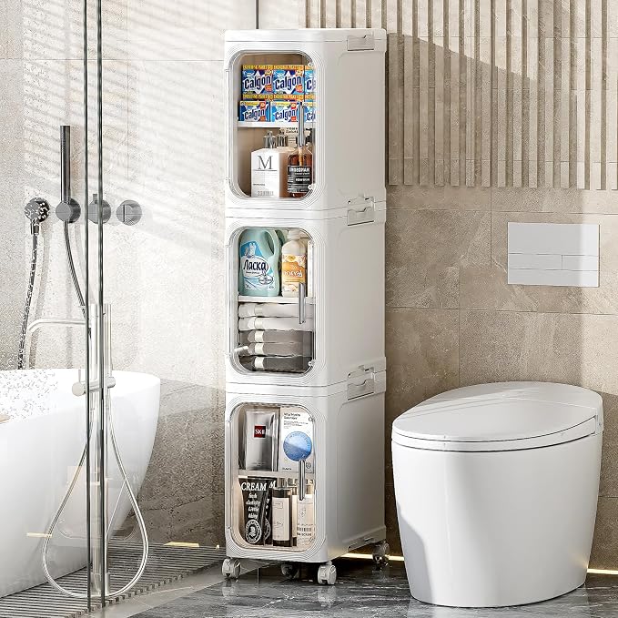 JOYZAN Narrow Bathroom Storage Cabinet with Movable Wheels, Slim Storage Cabinet with 3 Doors & Removable Panel, Skinny Bathroom Organizers and Storage for Small Space, Corner, Kitchen, Laundry