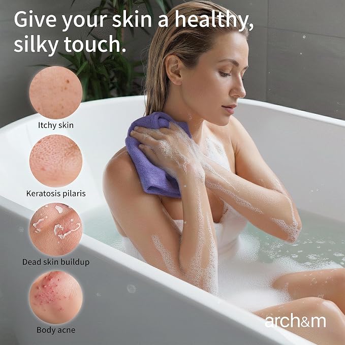 ARCH&M Exfoliating Washcloth 12 Pack, Peach Purple Pink | Back Scrubber for Shower, Japanese Exfoliating Shower Towel, Daily Use, Korean Beauty Wash Cloth