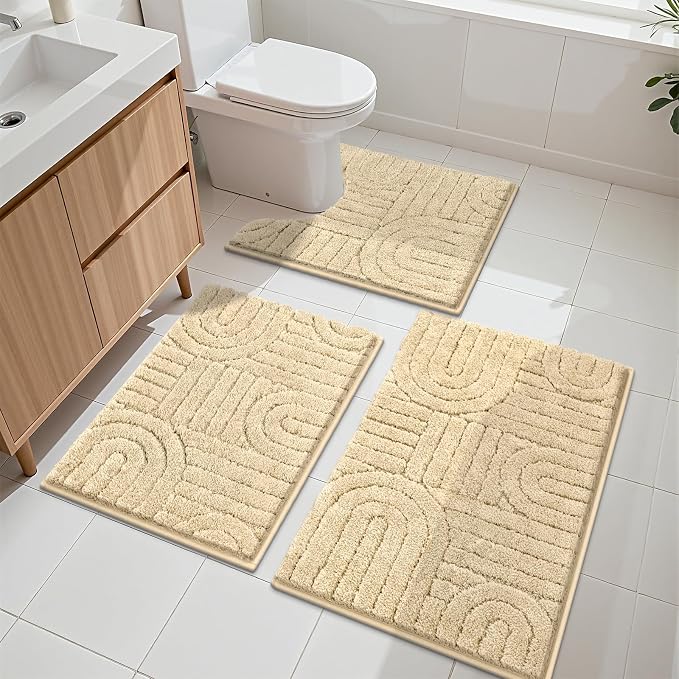 Vaukki Beige Bathroom Rugs Sets 3 Piece, 32x20+26x18+24x20 Inch | Washable Non Slip Soft Bath Mats for Shower and Tub, Plush Absorbent Microfiber Toilet Rug U Shaped