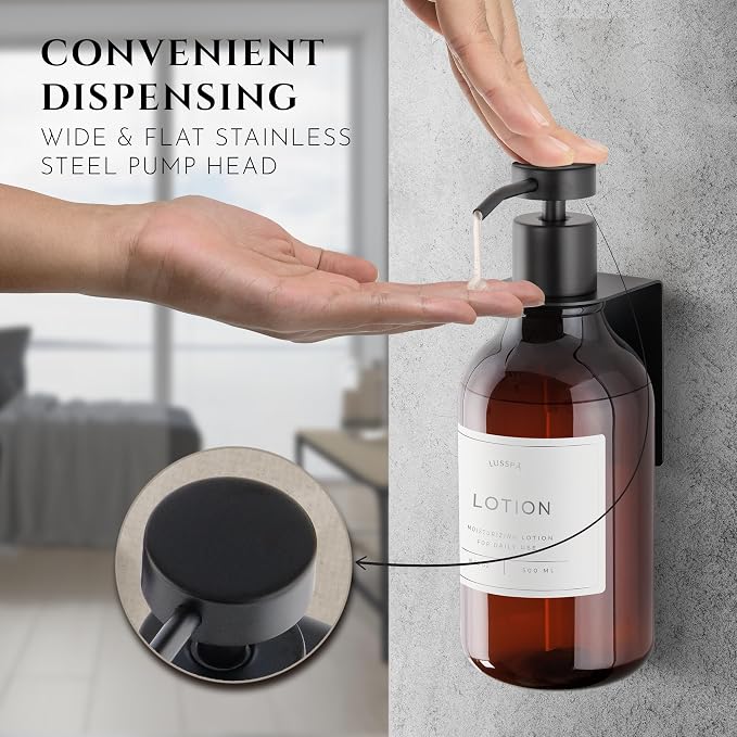 Shower Shampoo Dispenser Wall Mounted – 3 Refillable 16.9 oz Amber Bottles with Stainless Steel Pumps & No-Drill Adhesive Holders – Soap Dispenser Set for Bathroom (3 X Amber/Black)