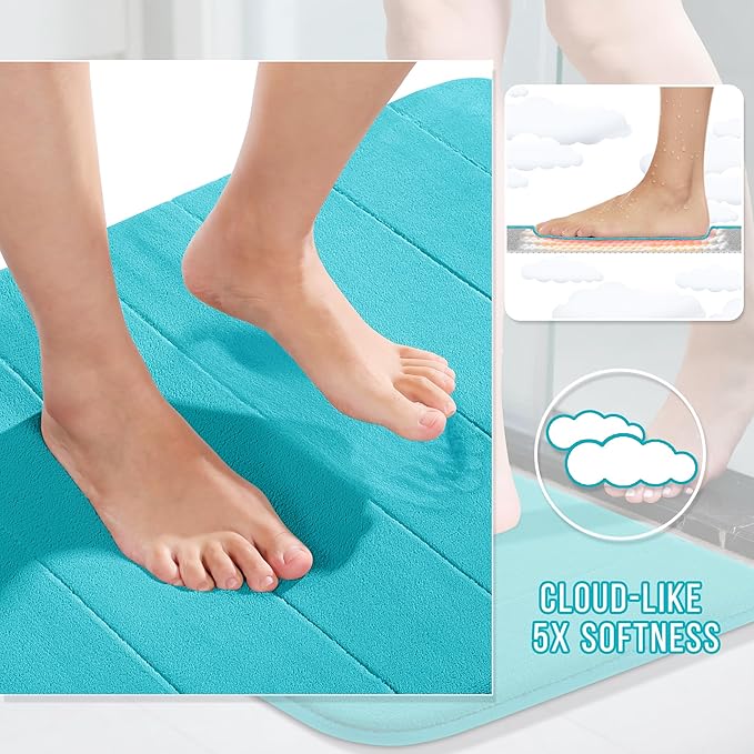 Yimobra Memory Foam Toilet Bath Mat U-Shaped, Soft and Comfortable, Super Water Absorption, Non-Slip, Thick, Machine Wash and Easier to Dry for Bathroom Commode Contour Rug, 24 X 20 Inches, Lake Blue