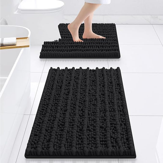 Smiry Bathroom Rugs Sets 2 Piece (24x16+24x20), Extra Soft Bath Mats | Black Soft Absorbent, Rubber Backing Machine Washable Quick Dry Chenille Bath Rug Set for Tub, Shower, and Floor