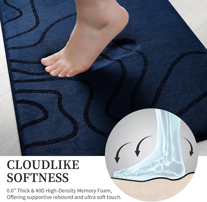 YIHOUSE Memory Foam Bathroom Rugs Sets 2 Piece, 17"x24"+20"x46", Dark Blue | Ultra Soft, Extra Thick Bath Mat, Absorbent, Non-Slip, Machine Washable, For Tub, Shower & Home Decor Accessories
