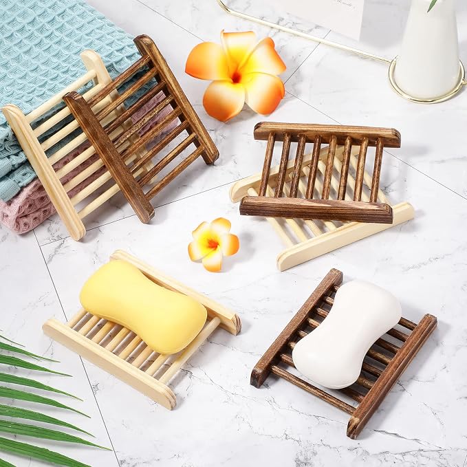 Honeydak 30 Pcs Bamboo Wood Soap Holder Wooden Soap Dish Tray Bathroom Wooden Sponge Case Handmade Bathtub Shower Dish Accessories for Home Sponge Scrubber(Natural Color, Charcoal)