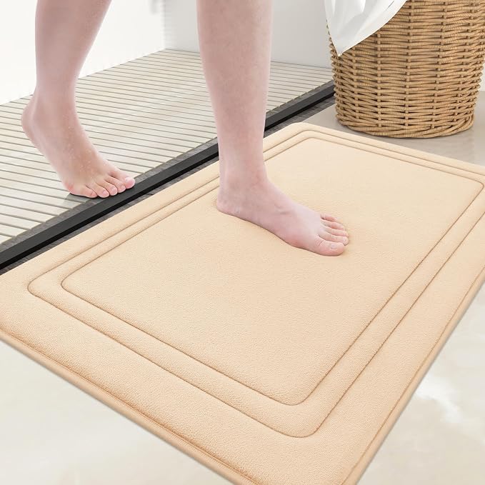Grandaily Memory Foam Bath Mat Rug 24x16, Ultra Soft, Non-Slip and Absorbent Bathroom Rugs, Machine Wash Dry, Comfortable Bath Carpet for Bathroom Floor, Tub and Shower, Beige