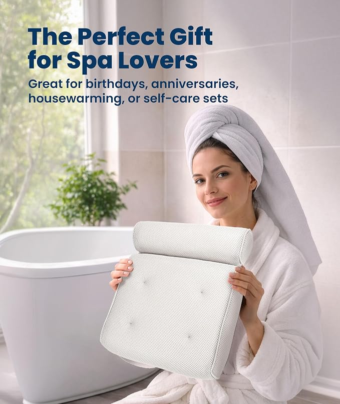 Everlasting Comfort Luxury Bath Pillow for Tub – Quick-Dry 4D Mesh – White | Head/Neck/Back Support, Non-Slip Suction Cups, Machine Washable, Drying Hook, Bath/Spa/Jacuzzi Essentials