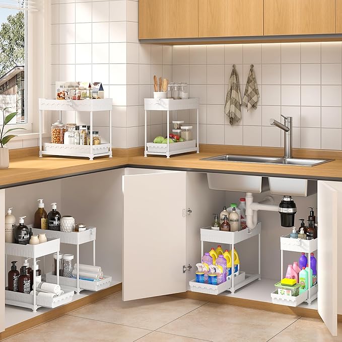 Sevenblue Under Sink Organizer, Bathroom Organizers and Storage, 2 Tier Multi-Use Pull Out Cabinet Organizer with Hang Hooks and Cups (White, 12.8 Inch)