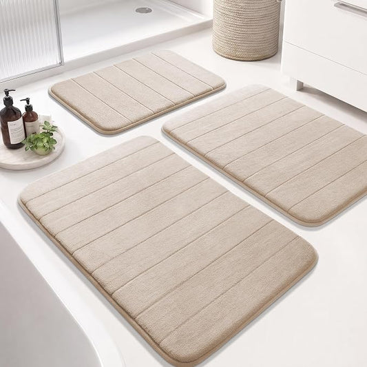 Yimobra Memory Foam Bath Mat Set 3 Pieces- Super Soft Absorbent Quick Dry Bathroom Rug Sets, Machine Washable Non Slip Floor Carpet for Tub Shower, Vanity & Toilet Base, Beige