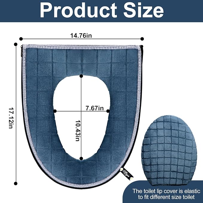 Toilet Seat Cover and Toilet Lid Cover Set, Soft Toilet Seat Cushion with Zipper Adjustable Rubber Backing Toilet Seat Warmer Bathroom Decor and Accessories, Blue Gray