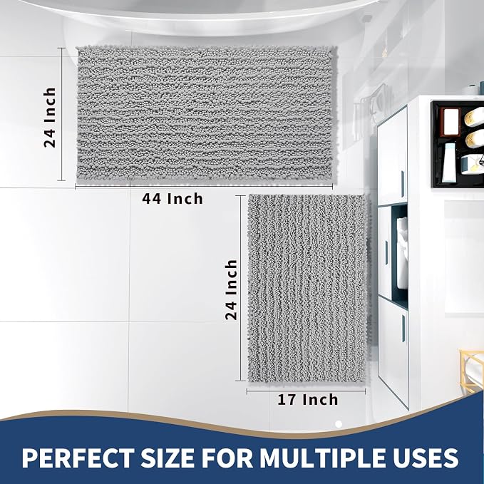 Yimobra Gray Bathroom Rugs Sets 2 Piece - Luxury Chenille Shaggy Bath Mat, Super Absorbent & Non Slip & Quick Dry, Soft Thick Bathroom Carpet for Tub Shower Floor, Machine Washable, 44x24+24x17 Inch
