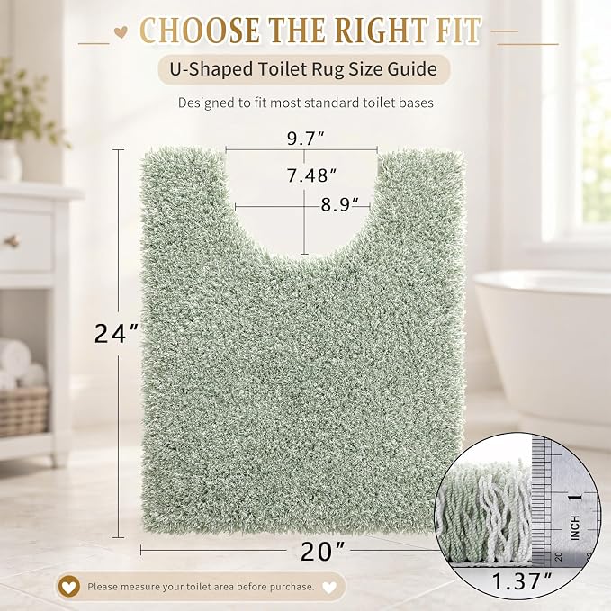 Yimobra Toilet Rugs U Shaped Washable 24X20, Ultra Soft and Water Absorbent Bath Mats, Non Slip Fluffy Shaggy Luxury Microfiber Contour Bath Rugs for Toilet, Dry Quick, Light Green and White