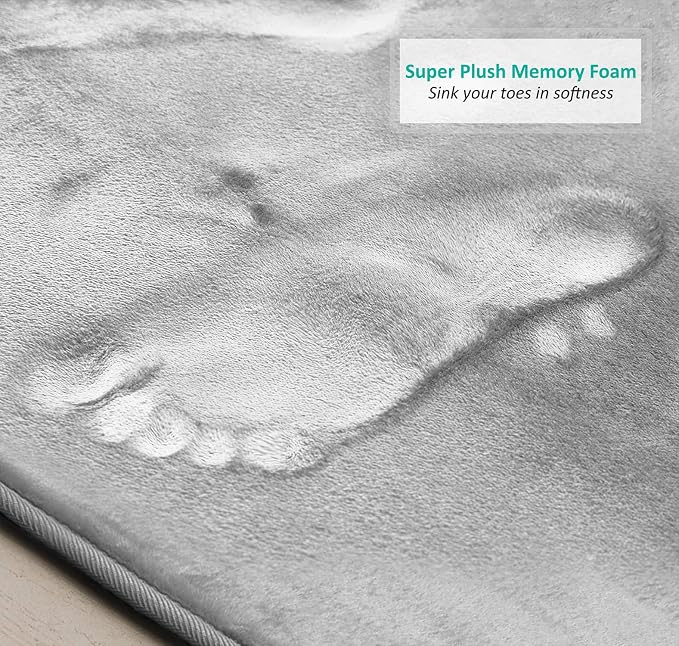 Clara Clark 3 Piece Bathroom Rugs Bath Mat Set, Velvet Memory Foam Bath Mats for Bathroom - Non-Slip, PVC Backing Bath Rugs, Washable - Dries Quickly, Silver