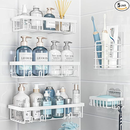 Liuoud 5 Pack Shower Caddy Organizer Rack Shelf for Inside Shower, Self Adhesive Wall Storage Basket Rustproof Stainless Steel Shampoo Holder Bathroom Accessory Decor Set, White