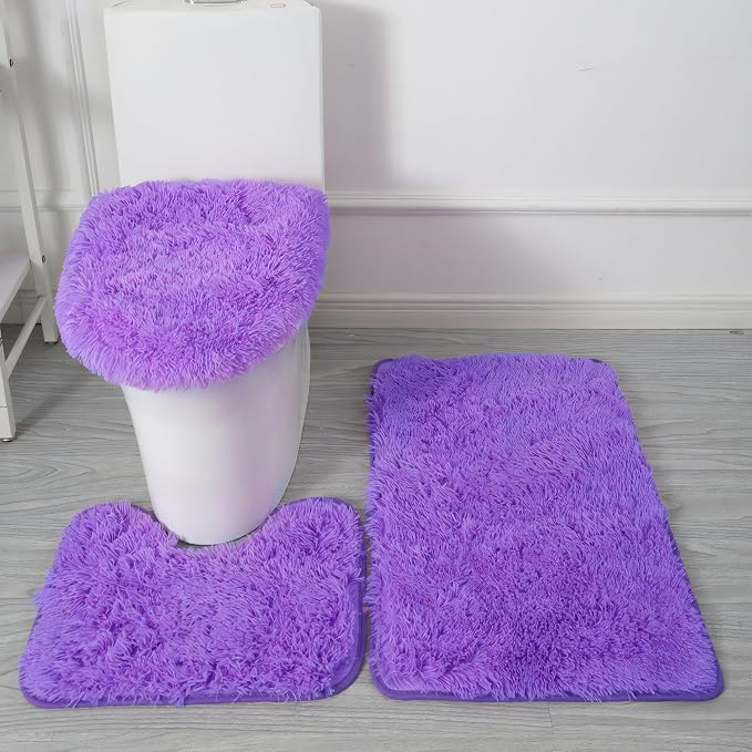 Purple Bathroom Rugs Sets 3Piece Bath Mat Solid Bath Rug Floor Mats Washable Shower Rug with U-Shaped Contour Rug Toilet Lid Cover