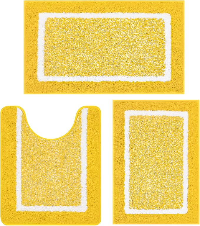 Pauwer 3 Piece Bathroom Rug Set, Non Slip Washable Bath Mat, Yellow | Soft Plush Microfiber, Super Absorbent Floor Carpet, U Shaped Toilet Mats, Quick Dry, Shaggy Shower Rugs Runners