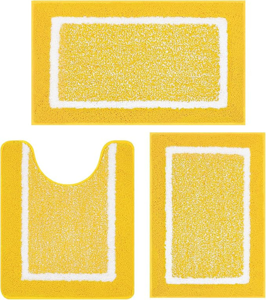 Pauwer 3 Piece Bathroom Rug Set, Non Slip Washable Bath Mat, Yellow | Soft Plush Microfiber, Super Absorbent Floor Carpet, U Shaped Toilet Mats, Quick Dry, Shaggy Shower Rugs Runners