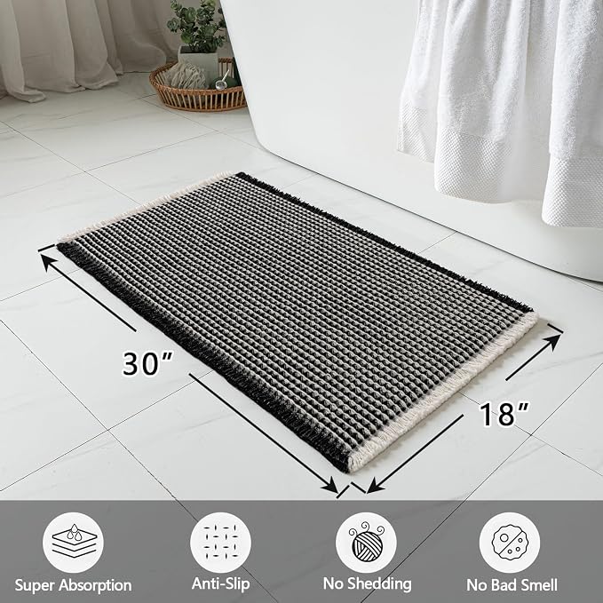 MIULEE Set of 2 Waffle Bathroom Rugs Boho Bath Mat Black&Cream 18x30 Inch | Non Slip, Super Absorbent, Washable, Ultra Soft, Rubber Backed Bath Rugs for Bathroom Floor Tub Shower