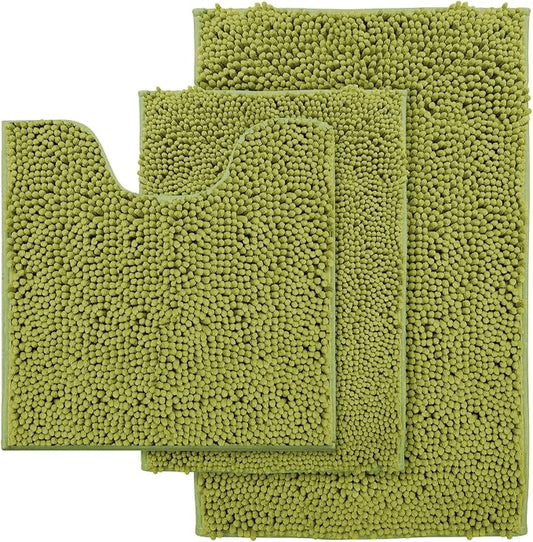 Lime Green Bathroom Rug Set - Extra Soft 3 Piece Anti-Slip Bath Mats, Plush Chenille Shaggy Mat for Living Room, Bedroom, Floor - Water Absorbent Soft Rug
