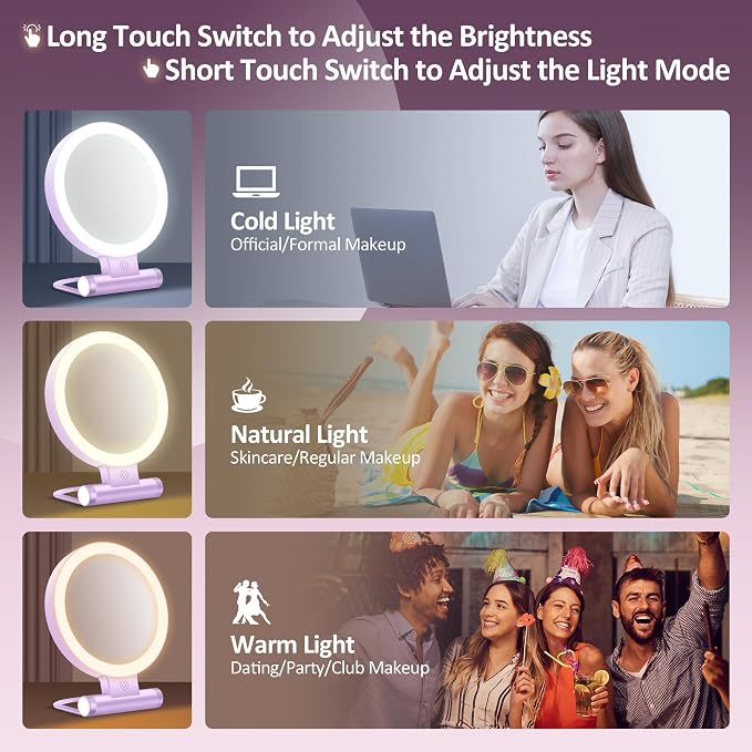 B Beauty Planet Magnifying Mirror with Light 30X, Double-Sided 1X/30X Magnifying Makeup Mirror with Tweezer, 2000mAh 3 Colour Modes with Adjustable Brightness,Foldable Travel Mirror(Purple)
